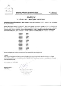 Oznámení o zápisu do 1. ročníku